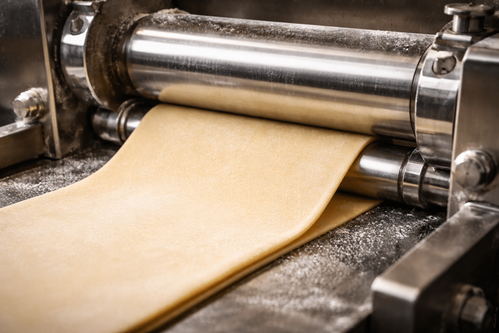 Rolo de compressão industrial ajustando uma chapa metálica, garantindo acabamento uniforme e precisão no processo