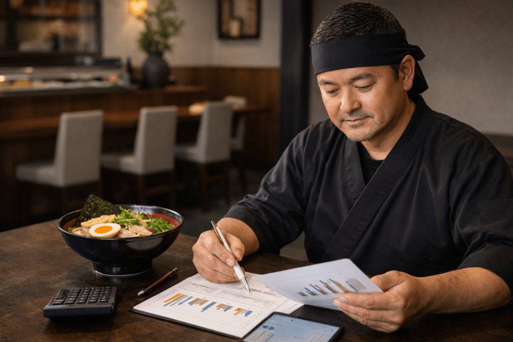 Gestor de restaurante japonês analisa relatórios enquanto observa um bowl de ramen, focado em controle e rentabilidade.