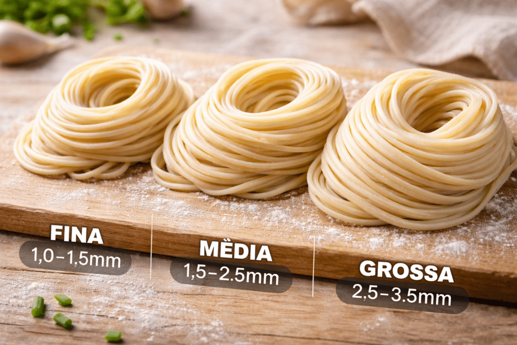 Três espessuras de massa fresca lado a lado, mostrando como cada corte influencia a textura do ramen.