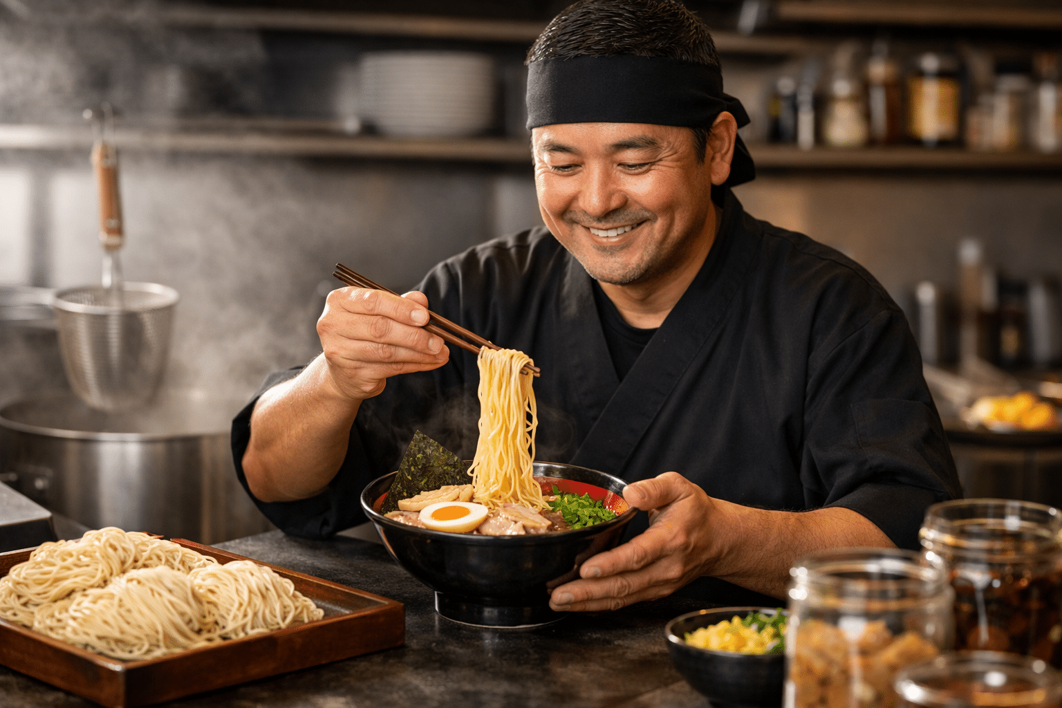 Chef de restaurante japonês finaliza bowl de ramen com massa padronizada, garantindo textura, rendimento e consistência na operação