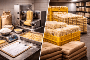 Comparação entre produção artesanal de massa para ramen na cozinha e massa embalada em ambiente industrial.