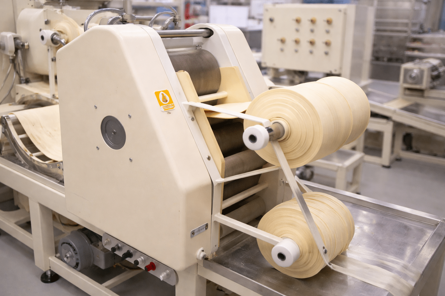 Máquina industrial da Keishi produzindo massa fresca com controle de processo e rastreabilidade na fábrica.