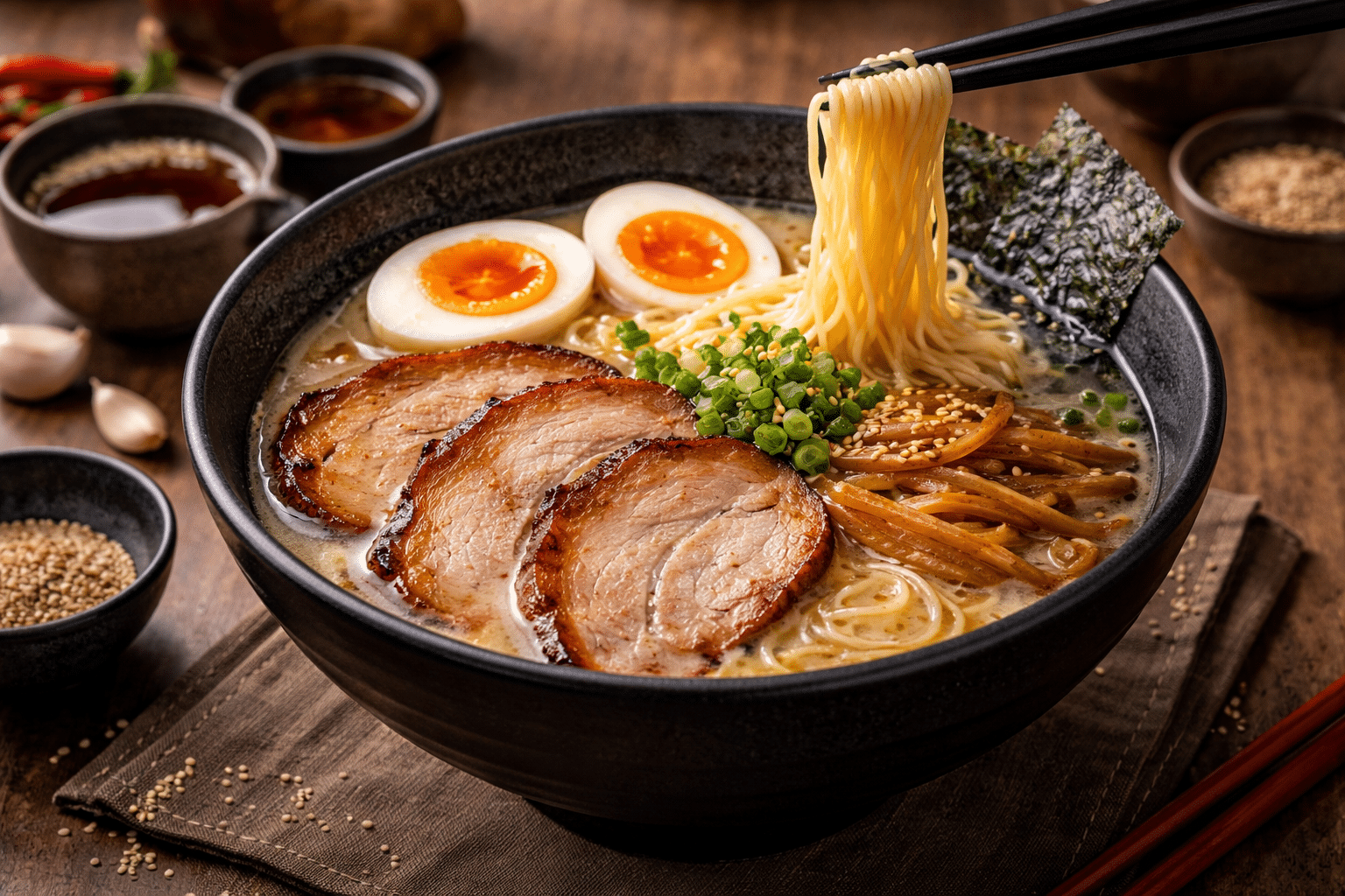 Bowl de ramen com caldo cremoso, fatias de porco, ovo mollet e macarrão sendo erguido por hashis.