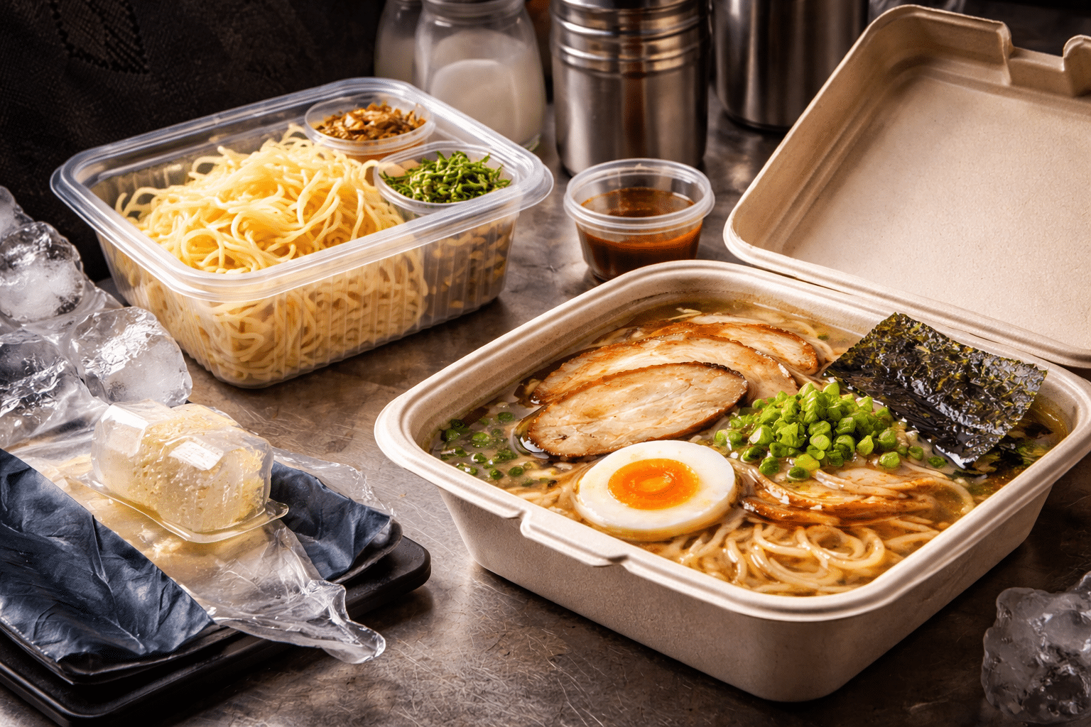 Bowl de ramen para delivery com massa separada, caldo quente e toppings em embalagem térmica sobre bancada de inox.