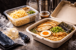 Macarrão japonês Keishi sendo produzido com massa fresca e fios uniformes, destacando textura e qualidade premium da marca, referência em ramen com tecnologia e tradição japonesa.