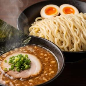 Macarrão japonês estilo ramen servido com caldo separado (tsukemen), toppings organizados e apresentação premium, destacando a qualidade das massas frescas da Keishi.