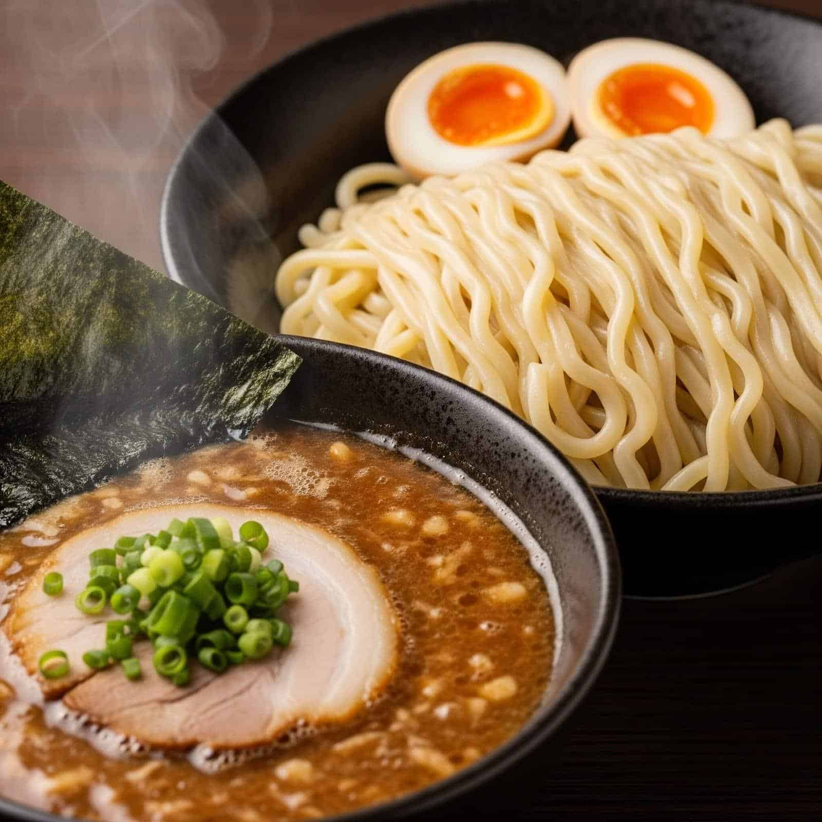 Macarrão japonês estilo ramen servido com caldo separado (tsukemen), toppings organizados e apresentação premium, destacando a qualidade das massas frescas da Keishi.