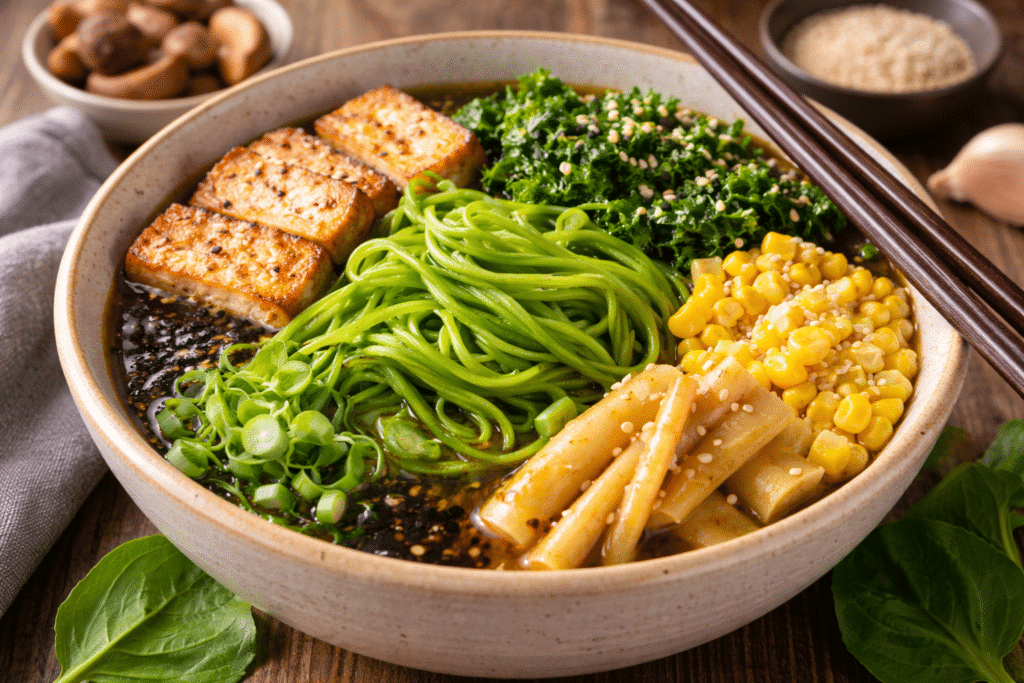 Macarrão vegano Keishi com coloração vibrante e fios uniformes, servido com legumes frescos em apresentação moderna, destacando qualidade premium e padrão profissional da marca.