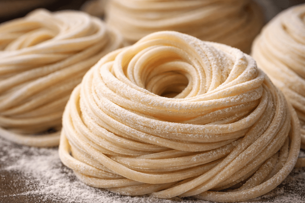 Ninhos de macarrão japonês cru polvilhados com farinha, com textura artesanal e padronizada, destacando a qualidade da fábrica de macarrão Keishi para restaurantes.