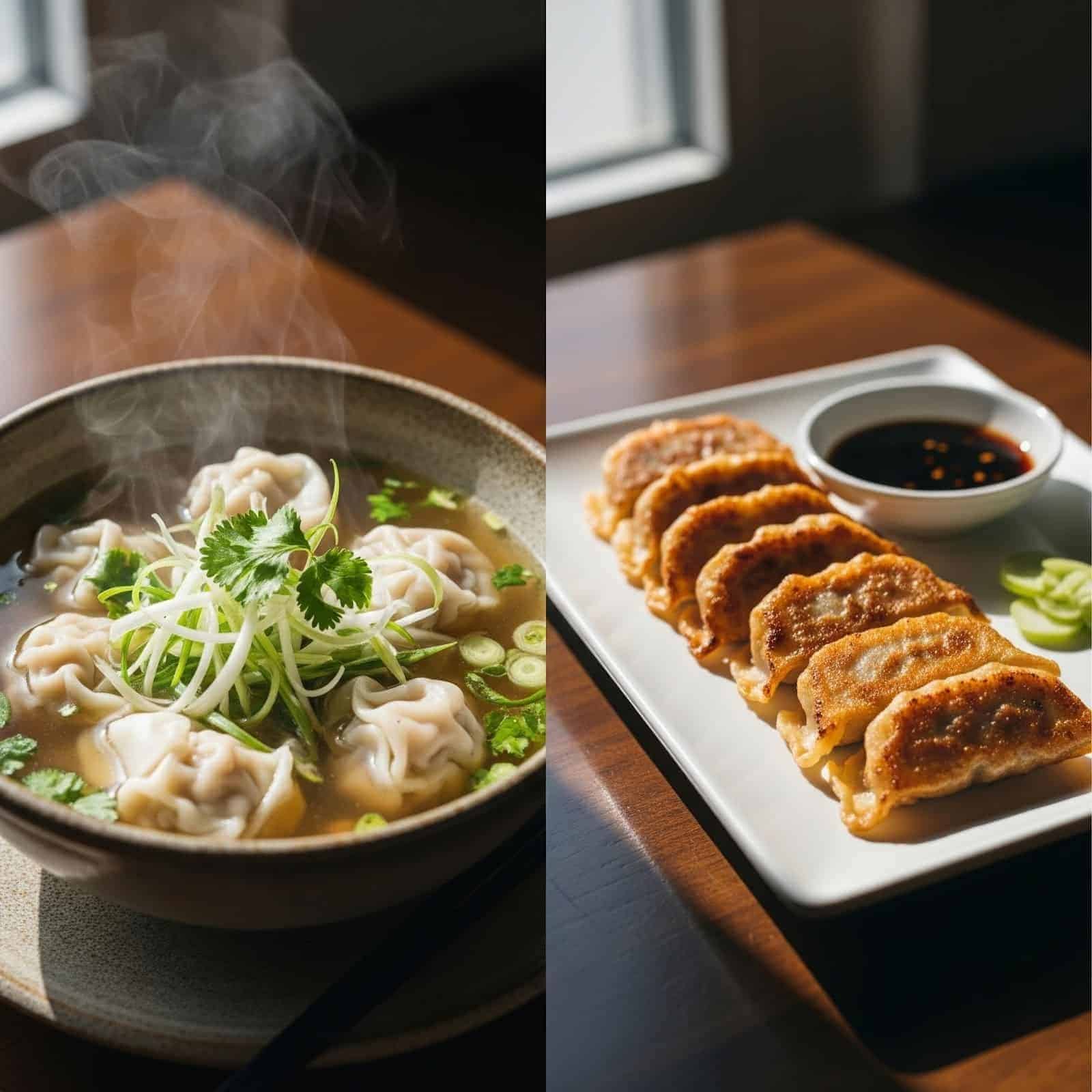 Pratos asiáticos com wantan em caldo fumegante e gyoza dourado servido com molho, destacando apresentação sofisticada e qualidade das massas Keishi para restaurantes.
