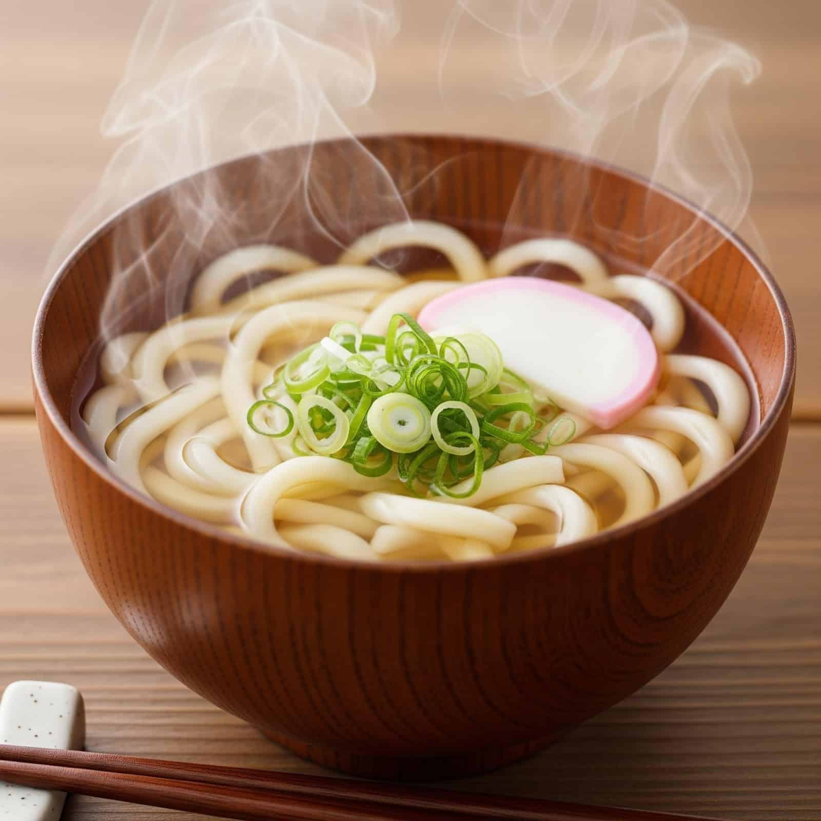 Macarrão udon grosso e brilhante servido em tigela com caldo quente e ingredientes orientais, destacando textura elástica e qualidade artesanal da Keishi.