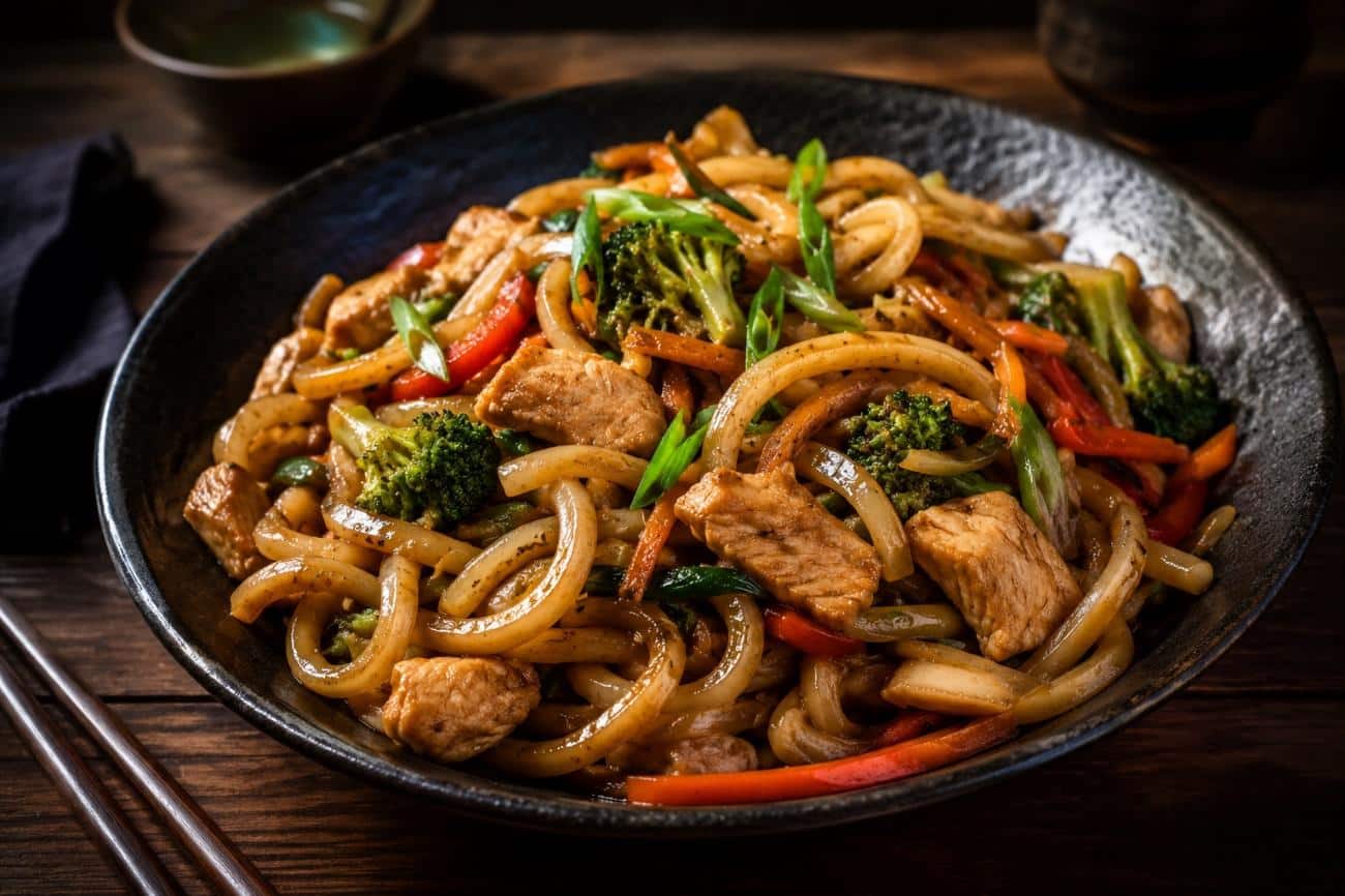 Prato de Yaki Udon com frango e legumes salteados em massa artesanal Keishi, destacando textura, frescor e autenticidade da culinária japonesa.
