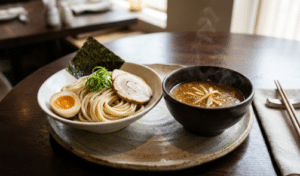 Prato de ramen tsukemen com macarrão grosso Keishi servido separado do caldo quente fumegante, acompanhado de ovo, porco chashu e nori sobre mesa de madeira.
