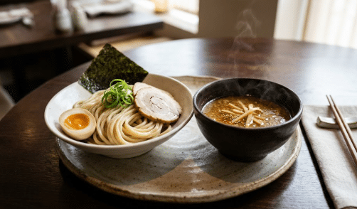 Prato de ramen tsukemen com macarrão grosso Keishi servido separado do caldo quente fumegante, acompanhado de ovo, porco chashu e nori sobre mesa de madeira.