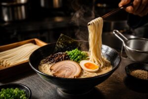 Chef finalizando bowl de ramen com macarrão artesanal Keishi, caldo cremoso tonkotsu e toppings orientais em cozinha profissional japonesa.
