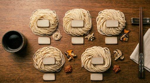 Cinco porções de macarrão para ramen Keishi em diferentes espessuras organizadas sobre mesa de madeira, acompanhadas de hashis e pequenas porções de condimentos.