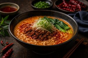 Bowl de tantan ramen com caldo cremoso e picante, macarrão artesanal Keishi, carne moída, óleo de pimenta e gergelim, em apresentação intensa e sofisticada de cozinha japonesa.