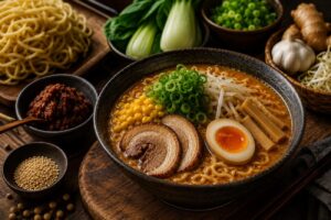 Bowl de ramen miso com caldo encorpado, macarrão artesanal Keishi, ovo, carne suína e toppings frescos, cercado por ingredientes que destacam seleção premium para alta gastronomia japonesa.