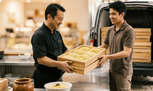 Chef de restaurante recebe caixa de macarrão ramen fresco de entregador ao lado de van, destacando a logística ágil e qualidade premium da Keishi.