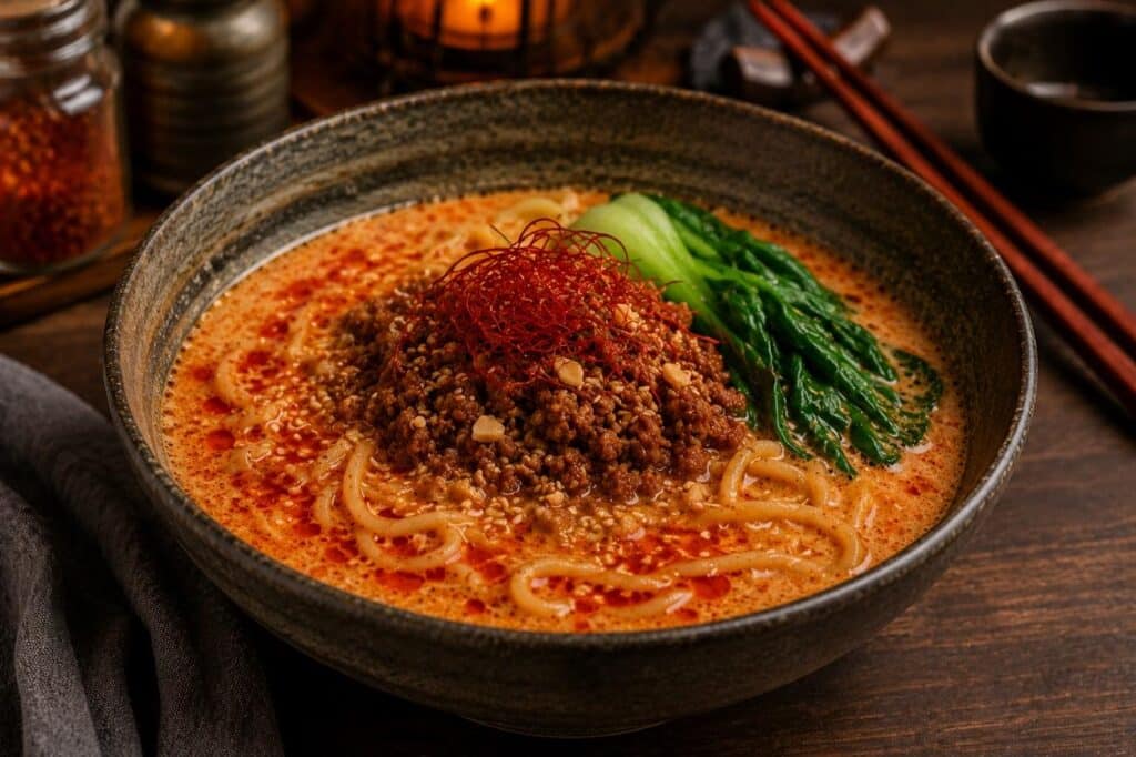 Tantan ramen ganhou destaque nos restaurantes orientais por combinar sabores intensos, apresentação impactante e uma experiência gastronômica cheia de personalidade.
