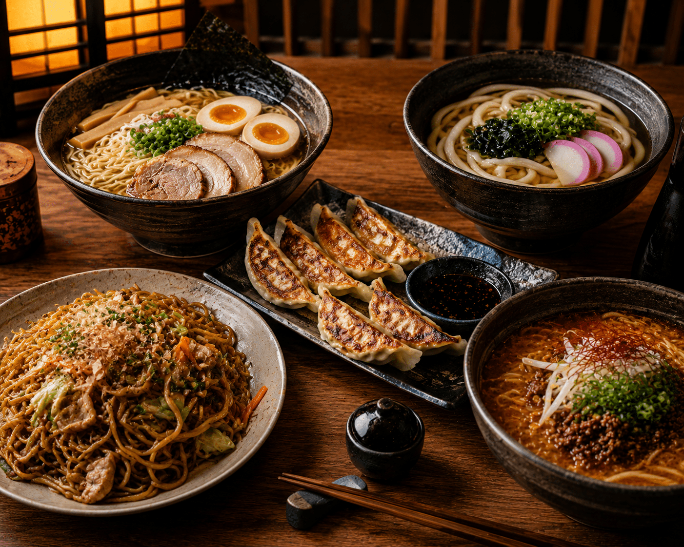 Mesa com diferentes pratos de macarrão japonês: ramen, udon, yakisoba e gyoza, servidos lado a lado em restaurante oriental.