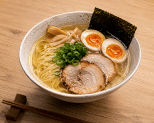 Bowl de shio ramen com caldo claro e leve, macarrão fino Keishi, chashu, ovo marinado e nori, sobre mesa de madeira clara.