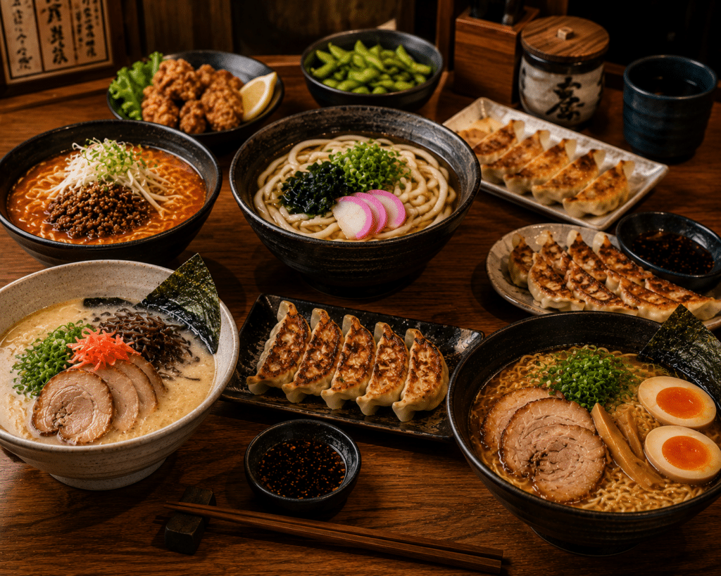 Diferentes bowls de ramen, udon e pratos de gyoza organizados em mesa de restaurante japonês.