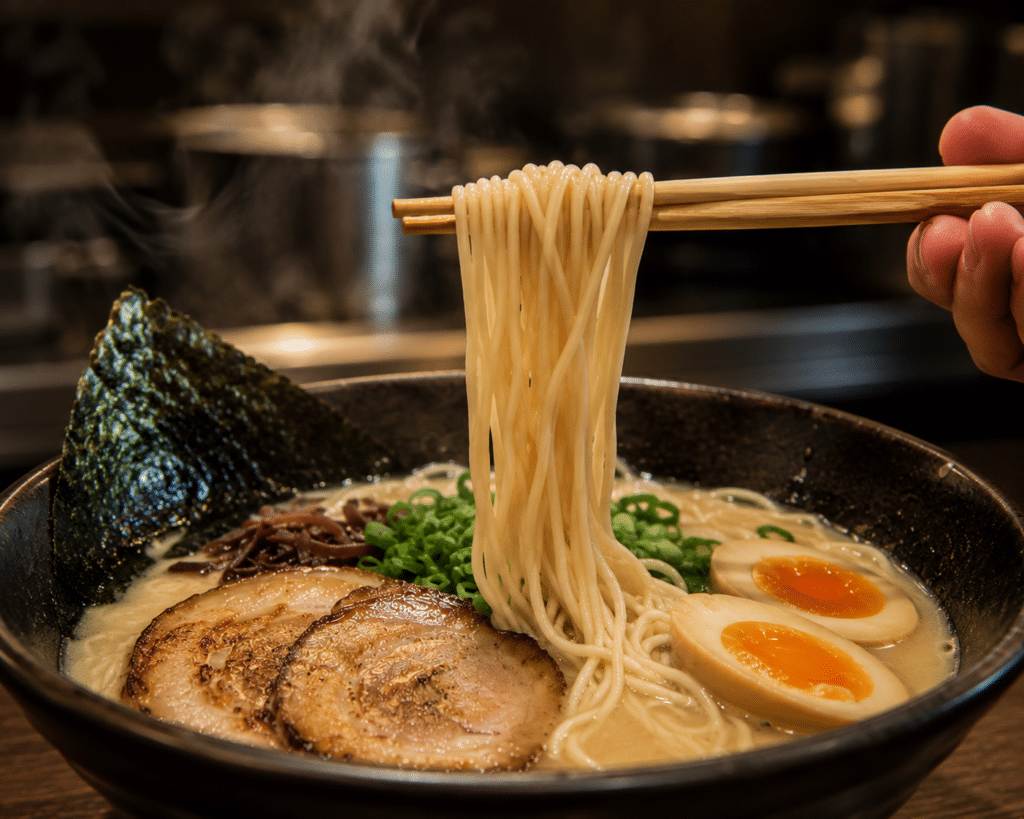 Tonkotsu Ramen: o que é e como escolher o macarrão ideal para esse caldo encorpado 2 Macarrão fino e reto sendo erguido com hashi de um bowl de tonkotsu ramen, evidenciando textura firme.