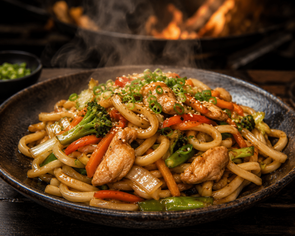 Prato de yaki udon com legumes coloridos e proteína, massa grossa Keishi salteada em wok quente.