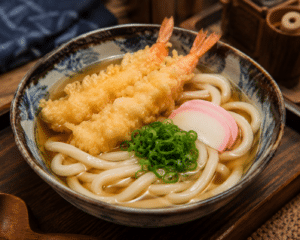 Tigela de udon com caldo claro, massa grossa e macia Keishi, tempurá e cebolinha, em apresentação tradicional japonesa.
