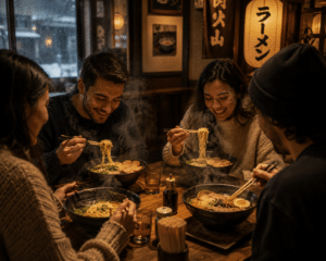 Pessoas em restaurante japonês aconchegante saboreando ramen quente em dia frio, com vapor subindo dos bowls sobre a mesa.