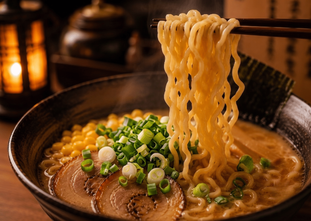 Macarrão cacheado sendo erguido de um bowl de miso ramen, evidenciando retenção de caldo entre as curvas.