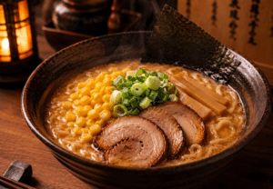 Bowl de miso ramen com caldo encorpado e amanteigado, macarrão cacheado Keishi, milho, chashu e cebolinha, em ambiente aconchegante.