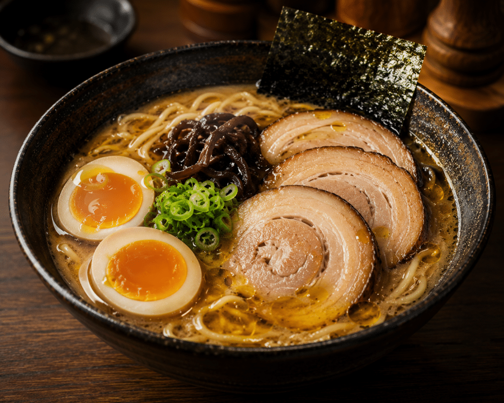 Ramen gourmet: tendências e como oferecer uma experiência premium com o macarrão certo 2 Bowl de ramen gourmet com composição visual refinada, chashu fatiado com precisão e óleo aromático dourado.