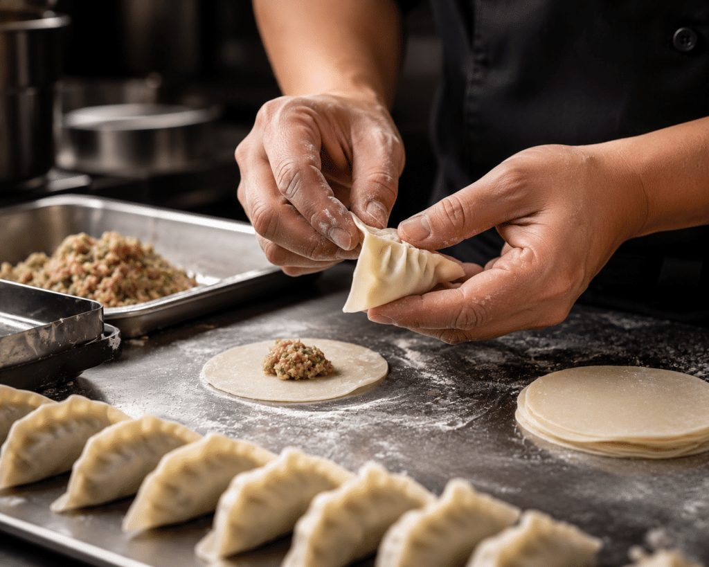 Gyoza: o que é e como a massa certa faz toda a diferença no resultado final 2 Mãos modelando dobras de massa de gyoza fina e elástica sobre bancada de cozinha profissional.