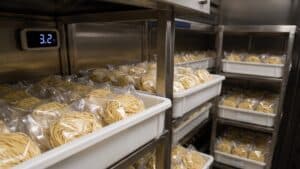 Massas frescas de ramen Keishi organizadas em bandejas dentro de câmara fria, demonstrando armazenamento correto em cozinha profissional.