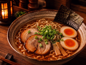 Bowl de shoyu ramen com caldo âmbar e translúcido, macarrão ondulado Keishi, chashu, ovo marinado e nori, em mesa de madeira rústica.