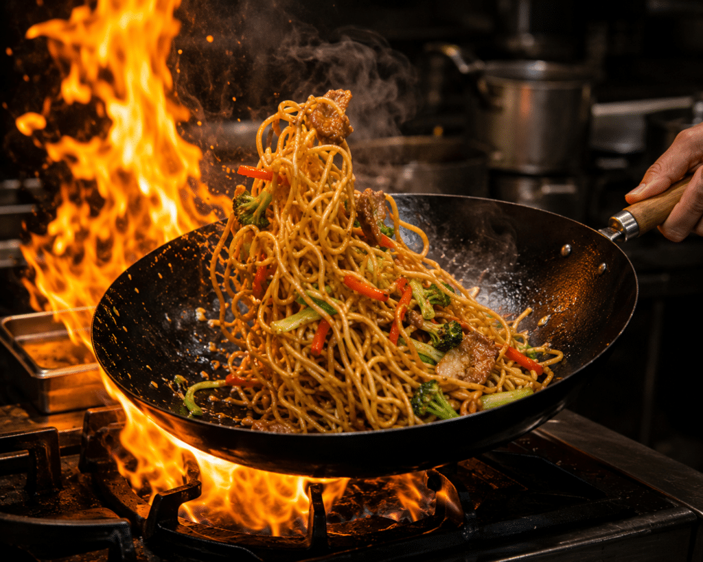 Macarrão para yakissoba: como escolher a massa certa para o preparo perfeito 2 Macarrão sendo salteado em wok com chamas altas, demonstrando resistência da massa ao calor intenso.