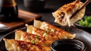Gyozas dourados e crocantes na base, dispostos em prato com molho shoyu, massa Keishi fina e elástica em destaque.