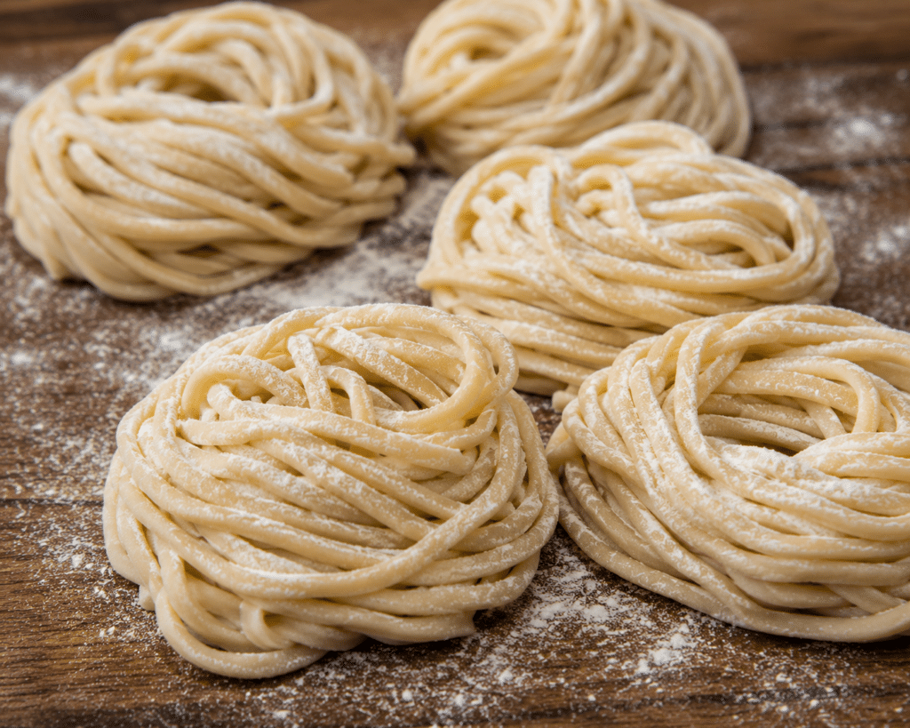 Ninhos de macarrão Okinawa soba cru, espesso e firme, polvilhados com farinha sobre superfície de madeira.