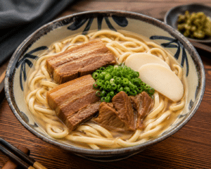 Bowl de Okinawa soba com caldo de porco e bonito, macarrão grosso Keishi, carne suína e cebolinha, apresentação premium da culinária japonesa.Okinawa soba: conheça essa massa premium feita de trigo, sua origem única e como ela pode elevar o ticket médio do seu restaurante japonês.