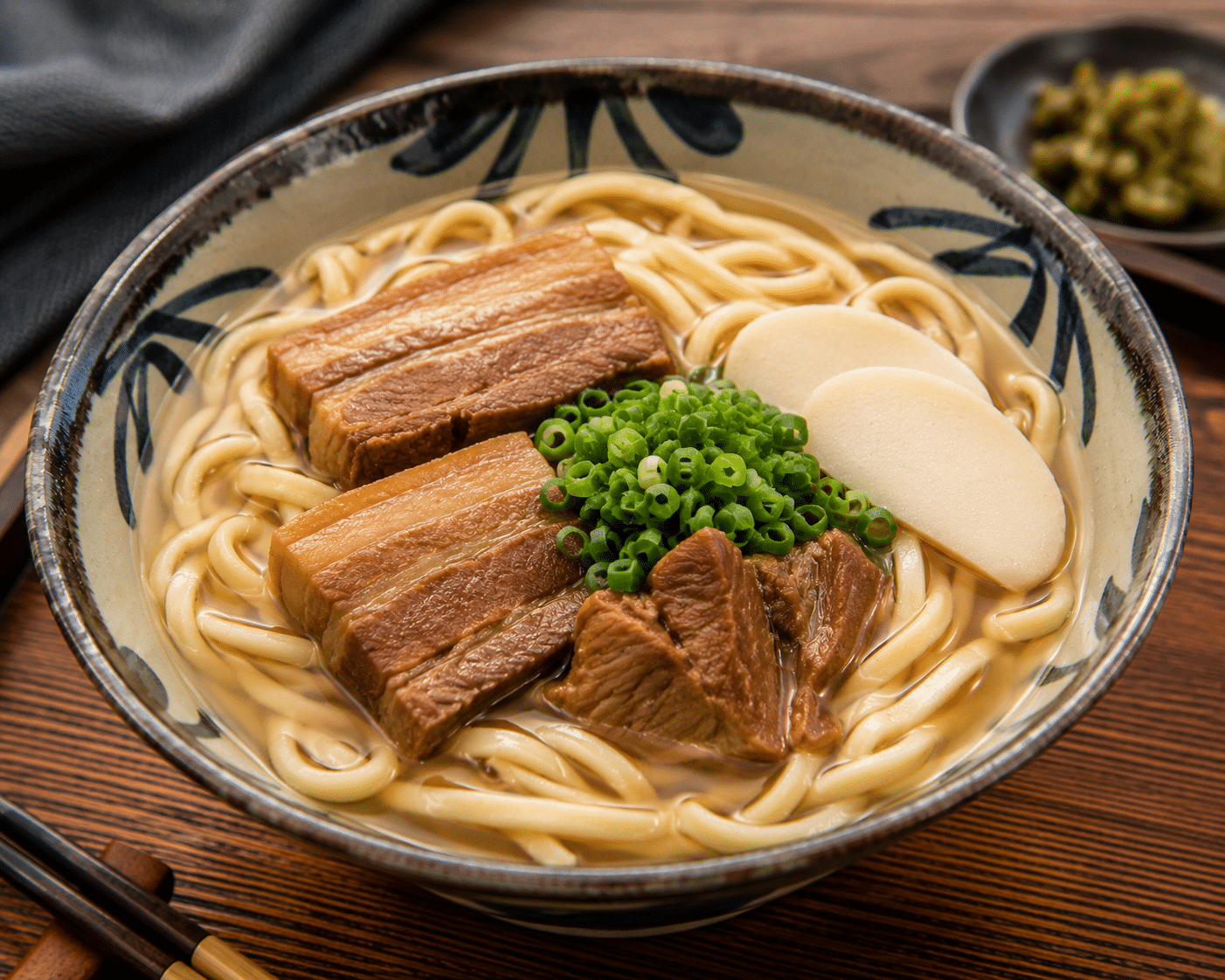 Bowl de Okinawa soba com caldo de porco e bonito, macarrão grosso Keishi, carne suína e cebolinha, apresentação premium da culinária japonesa.Okinawa soba: conheça essa massa premium feita de trigo, sua origem única e como ela pode elevar o ticket médio do seu restaurante japonês.