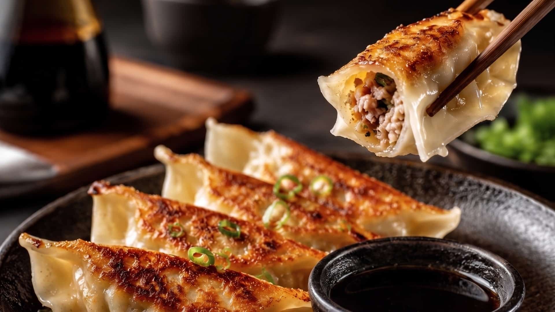 Gyozas dourados e crocantes na base, dispostos em prato com molho shoyu, massa Keishi fina e elástica em destaque.