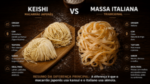 Comparação visual entre macarrão japonês amarelado Keishi e massa italiana tradicional, lado a lado sobre bancada de madeira.