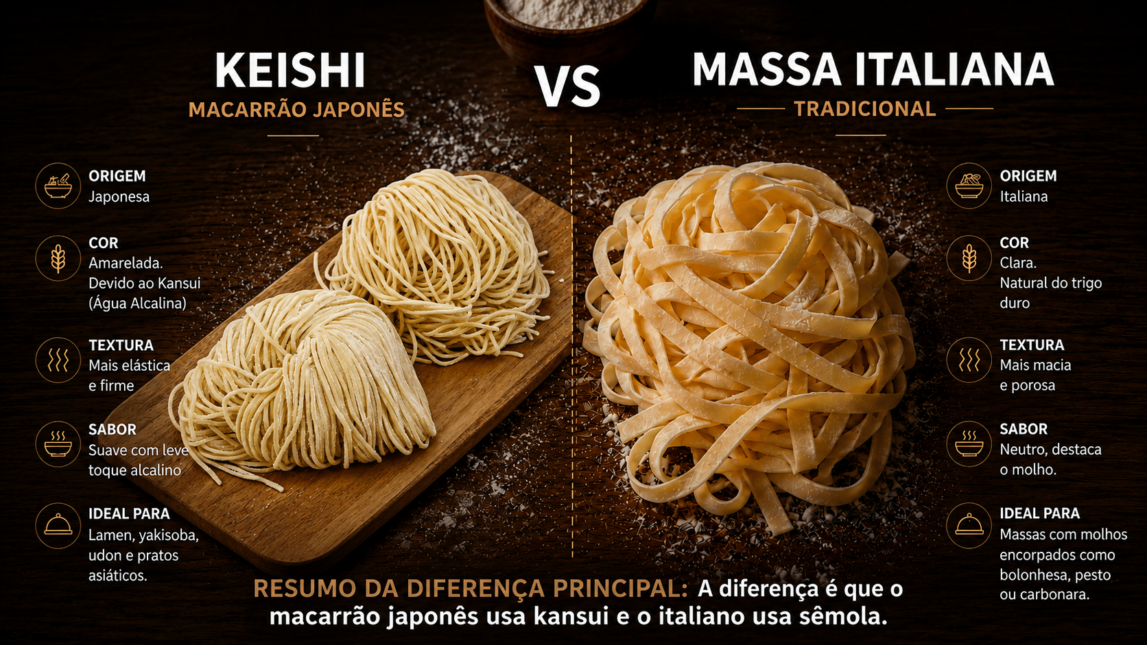 Comparação visual entre macarrão japonês amarelado Keishi e massa italiana tradicional, lado a lado sobre bancada de madeira.