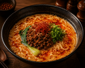 Bowl de tantan men com caldo cremoso e picante, macarrão Keishi, carne moída temperada, óleo de pimenta e gergelim, apresentação intensa.