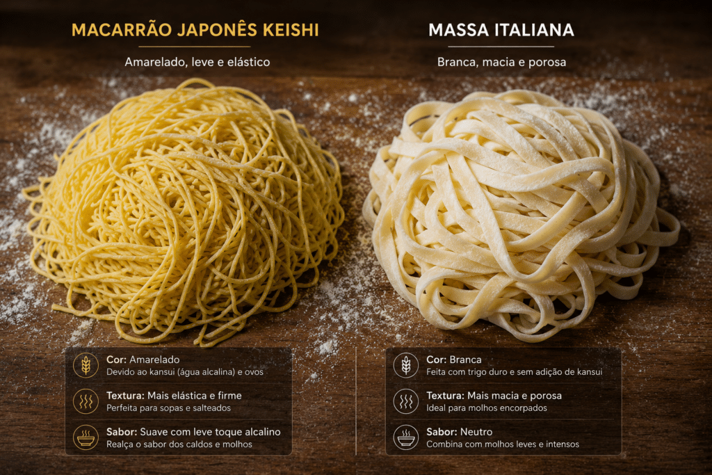 Macarrão japonês amarelado ao lado de massa italiana branca, evidenciando diferença de cor e textura entre os tipos.