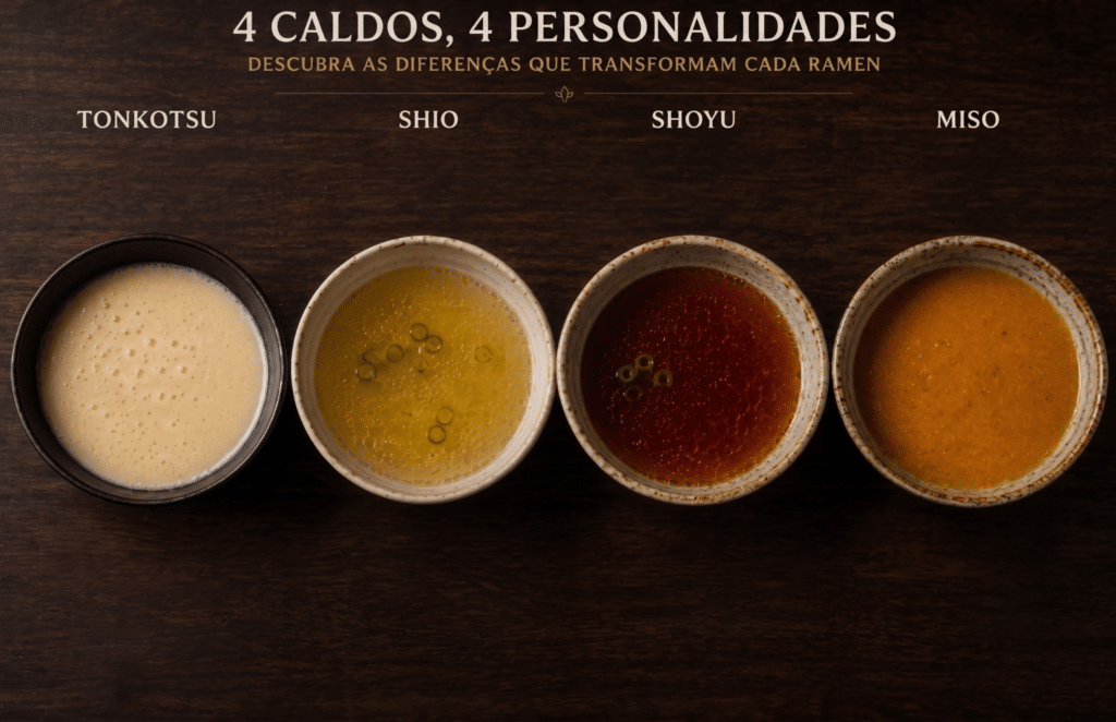 Tonkotsu vs. miso vs. shio vs. shoyu: qual ramen escolher para o cardápio do seu restaurante? 2 Comparação visual entre os caldos de tonkotsu, shio, shoyu e miso, cada um com cor e textura características.