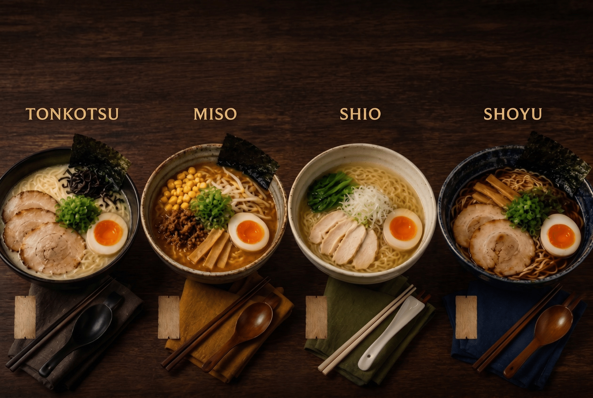 Quatro bowls de ramen lado a lado sobre mesa de madeira: tonkotsu, miso, shio e shoyu, cada um com sua identidade visual característica.