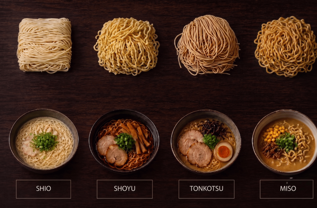 Caldo de ramen: como a escolha do macarrão Keishi potencializa cada tipo de base 2 Quatro tipos de macarrão Keishi organizados lado a lado, cada um indicado para um estilo diferente de caldo de ramen.